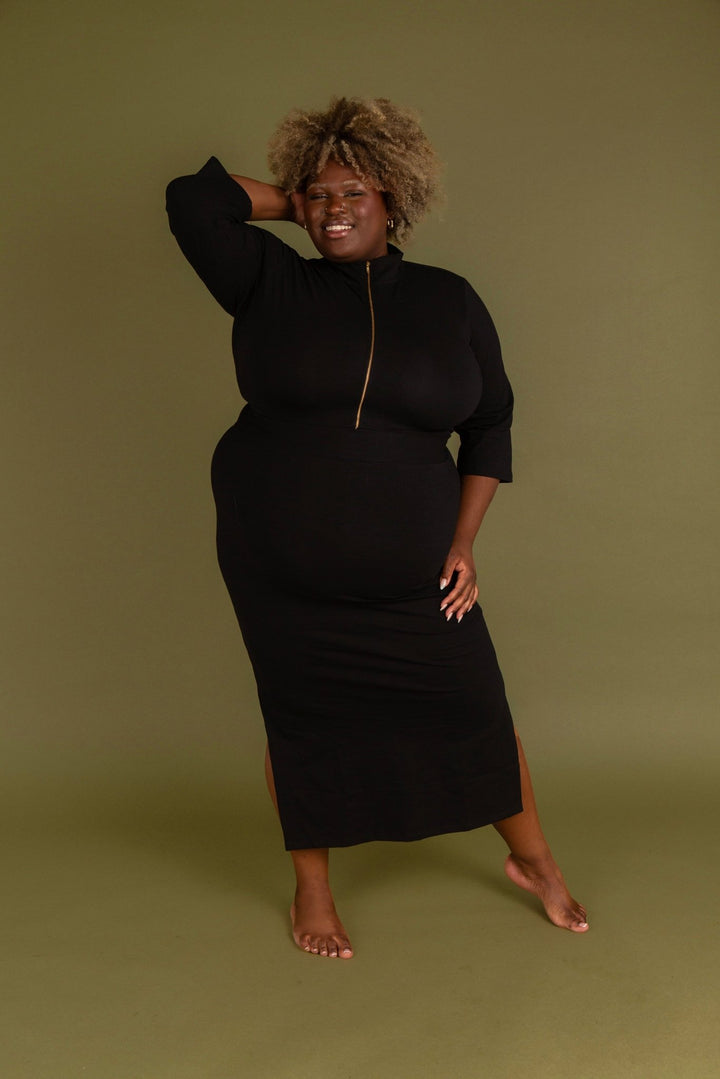 Zip Midi Dress 3/4 Sleeve in Black - Manners London