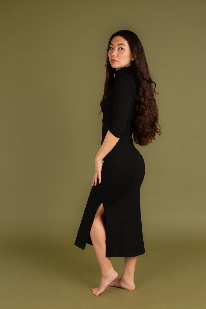 Zip Midi Dress 3/4 Sleeve in Black - Manners London