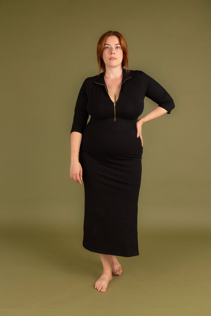 Zip Midi Dress 3/4 Sleeve in Black - Manners London