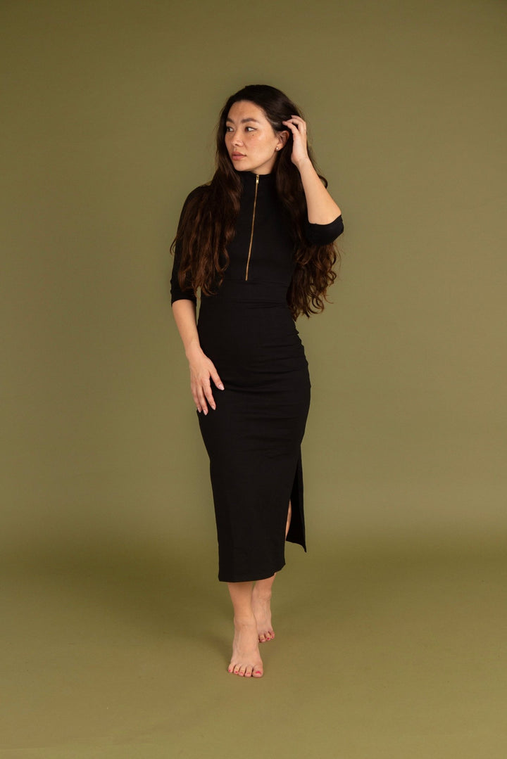 Zip Midi Dress 3/4 Sleeve in Black - Manners London