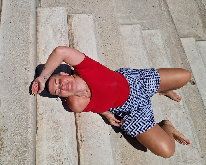 Bardot Short Sleeve Mid Crop Top in Pomegranate Red