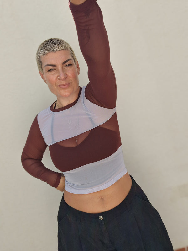 Mesh Top long sleeve in Sky and Pecan and Sky