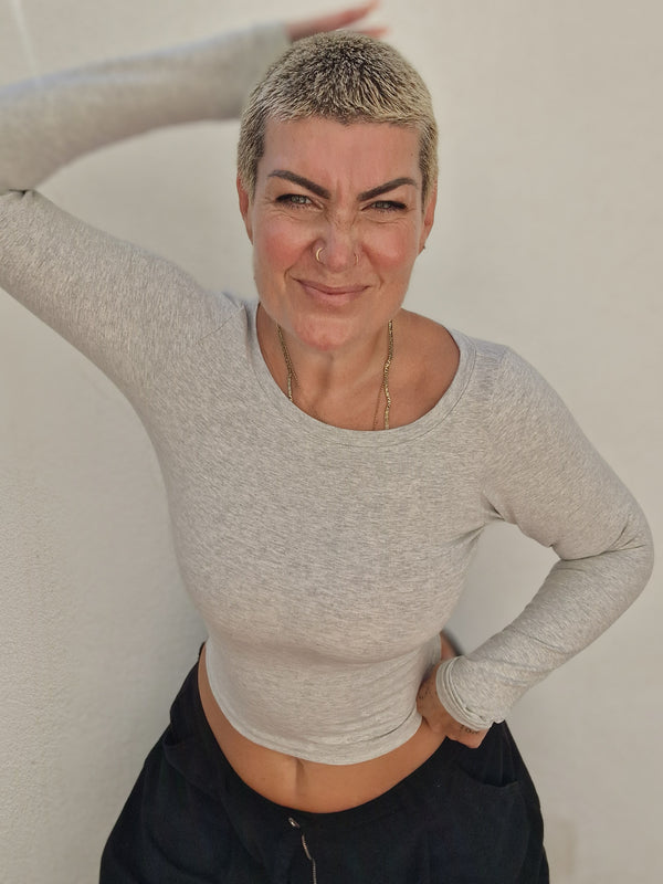 Soft Life Boat Neck Mid Crop Ecovero Top in Grey Marl
