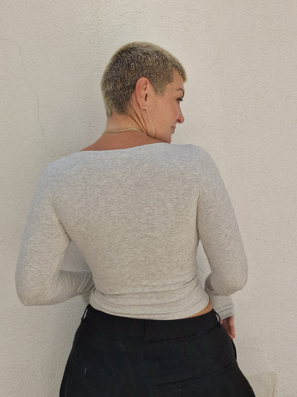 Soft Life Boat Neck Mid Crop Ecovero Top in Grey Marl