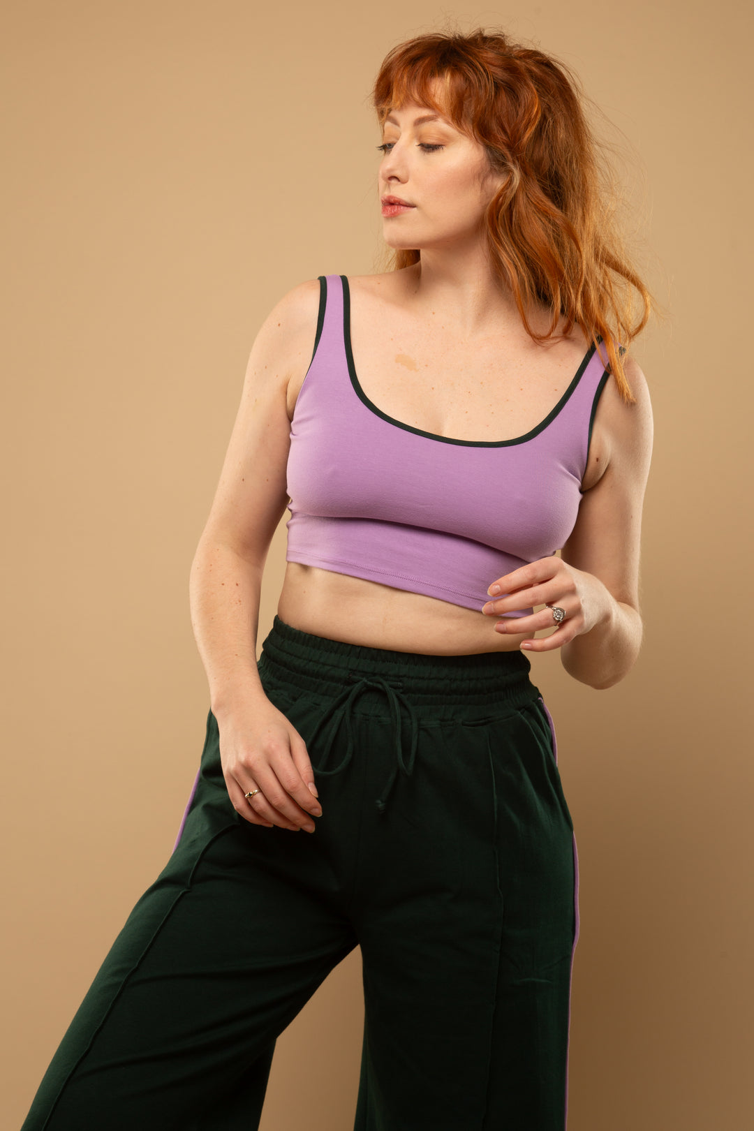 Api Crop Top in Lilac (with forest green piping)
