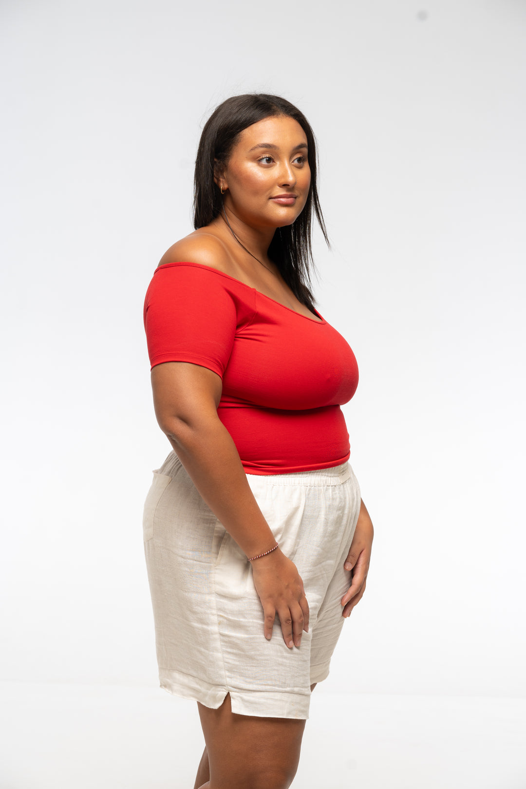Bardot Short Sleeve Mid Crop Top in Pomegranate Red