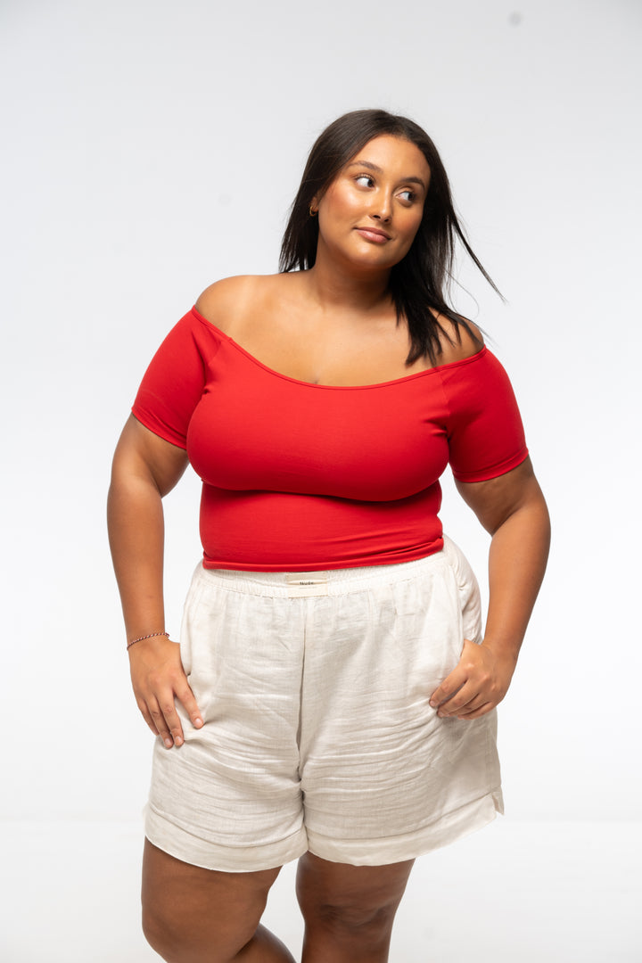 Bardot Short Sleeve Mid Crop Top in Pomegranate Red