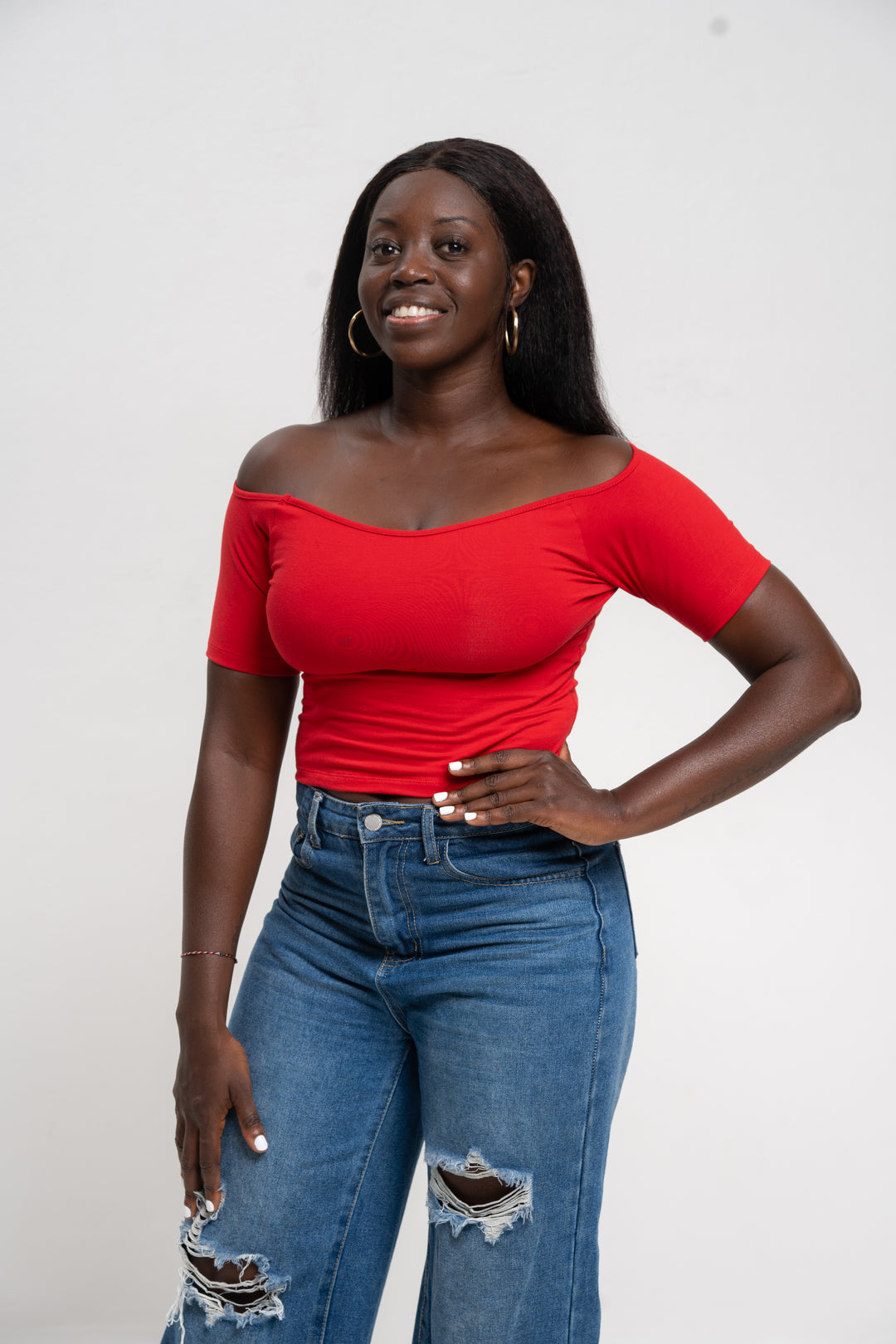 Bardot Short Sleeve Mid Crop Top in Pomegranate Red