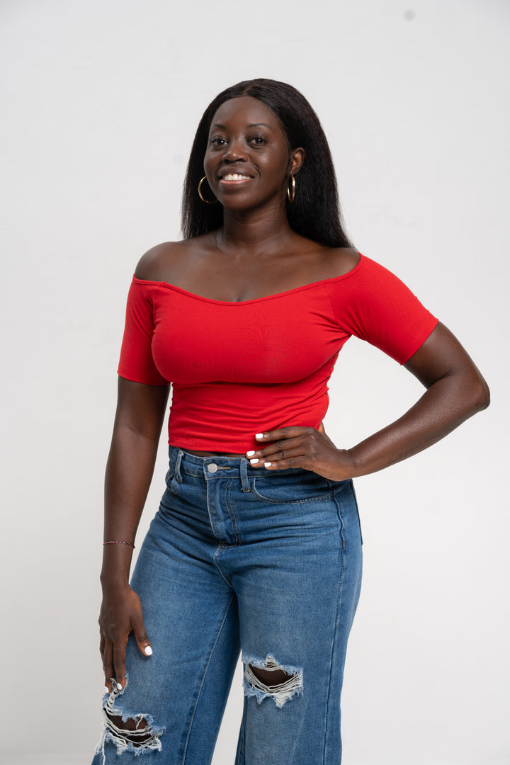 Bardot Short Sleeve Mid Crop Top in Pomegranate Red