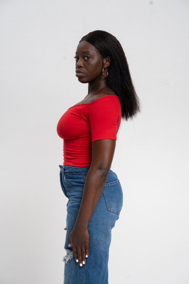 Bardot Short Sleeve Mid Crop Top in Pomegranate Red