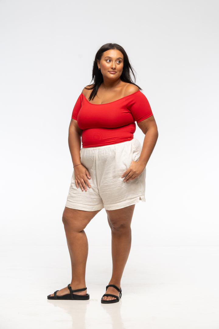 Bardot Short Sleeve Mid Crop Top in Pomegranate Red