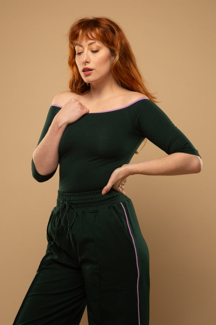 Bardot Crop Top in Forest Green ( with lilac piping)