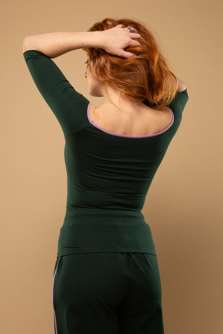 Bardot Full Length Top in Forest Green ( with lilac piping)