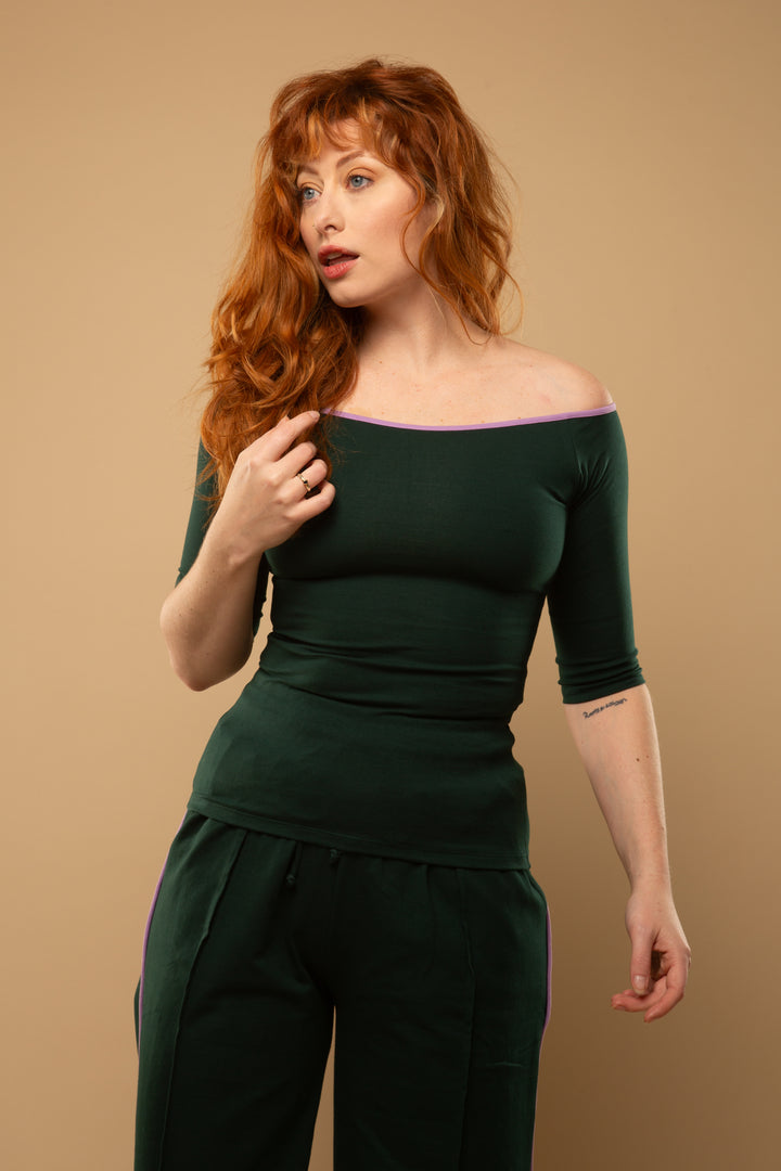 Bardot Full Length Top in Forest Green ( with lilac piping)