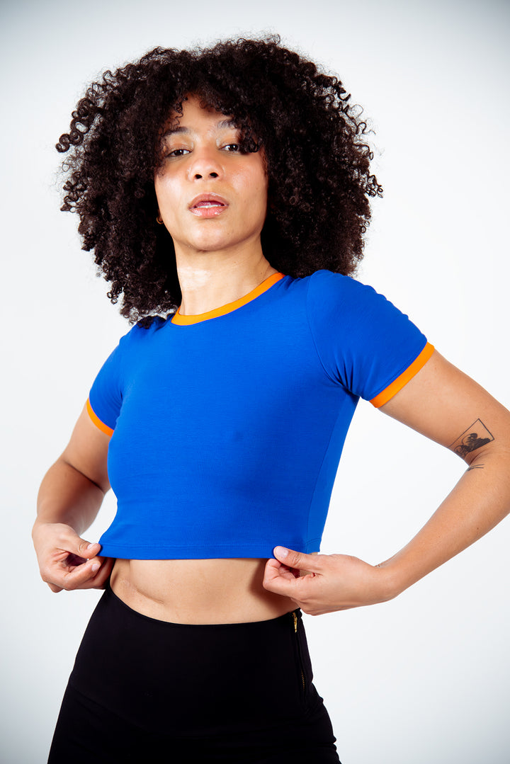 Crew Neck Crop T-shirt in Forgetmenot/Tangerin edging