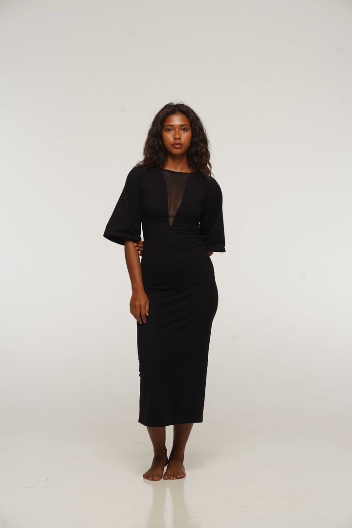 Reversible Deep V Mesh Midi Dress with Wide Sleeves in Black