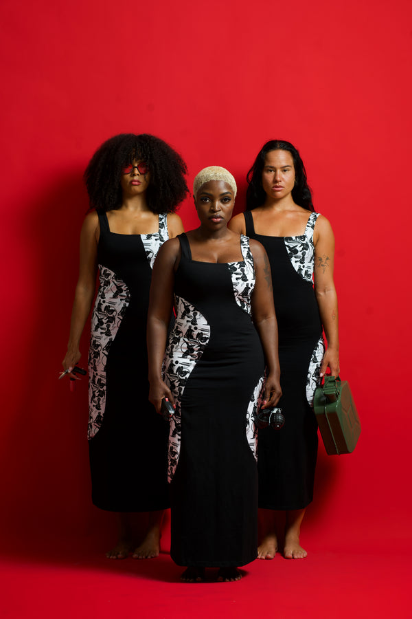 Square Neck Abstract Dress Midi in Black/Sisterhood