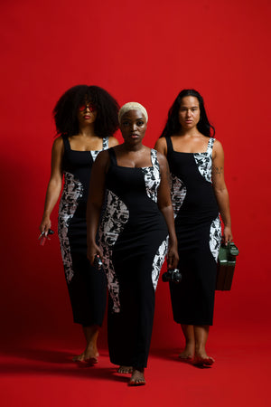 Square Neck Abstract Dress Midi in Black/Sisterhood