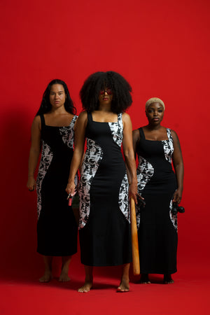 Square Neck Abstract Dress Midi in Black/Sisterhood