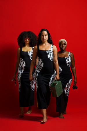 Square Neck Abstract Dress Midi in Black/Sisterhood