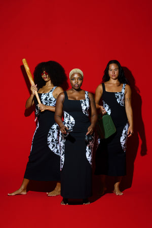 Square Neck Abstract Dress Midi in Black/Sisterhood