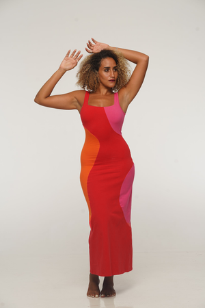 Square Neck Abstract Midi Dress in Red, Flame and Pink
