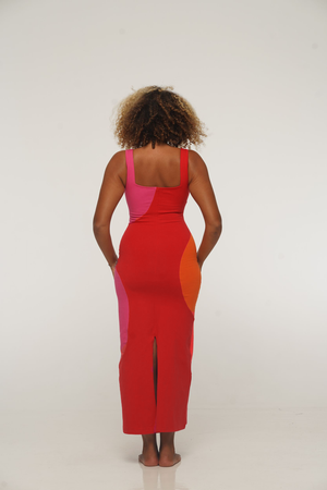 Square Neck Abstract Midi Dress in Red, Flame and Pink