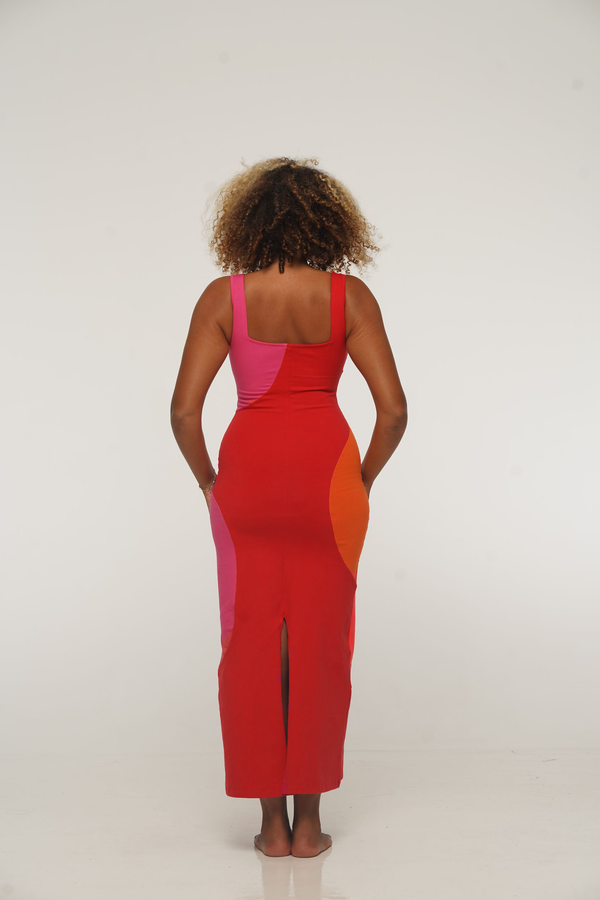 Square Neck Abstract Midi Dress in Red, Flame and Pink