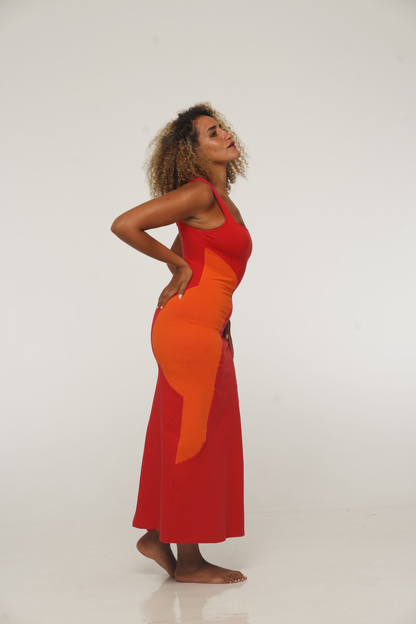 Square Neck Abstract Midi Dress in Red, Flame and Pink