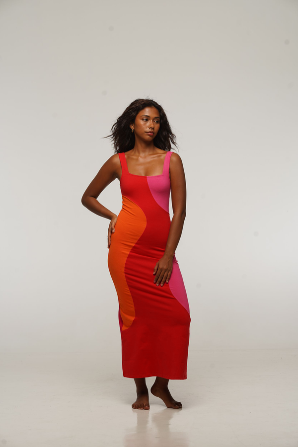 Square Neck Abstract Midi Dress in Red, Flame and Pink