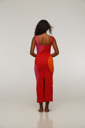 Square Neck Abstract Midi Dress in Red, Flame and Pink