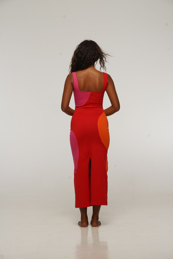 Square Neck Abstract Midi Dress in Red, Flame and Pink
