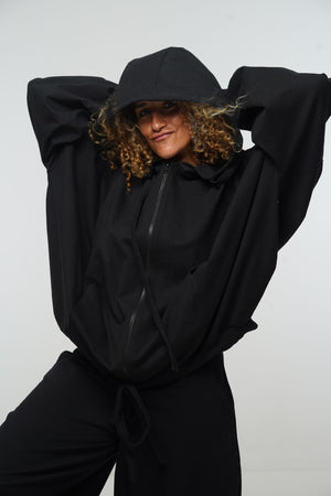 Oversized Balloon Hoodie with Zip in Black