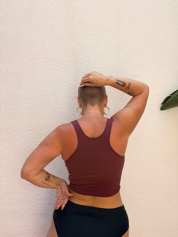 SHINNI NECK CROP TANK 3 PACK in DEEP JEWEL TONES. Tawny Port, Forest Green & Acid Wash