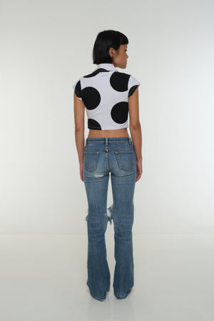 Button Mid Crop Top check sleeve in Polka Dot
