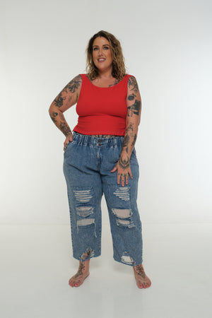 Iza Open Back Mid Crop Top in Red w/Pastel Blue stitching