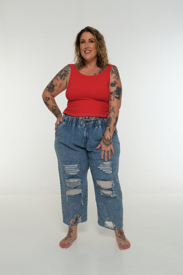 Iza Open Back Mid Crop Top in Red w/Pastel Blue stitching
