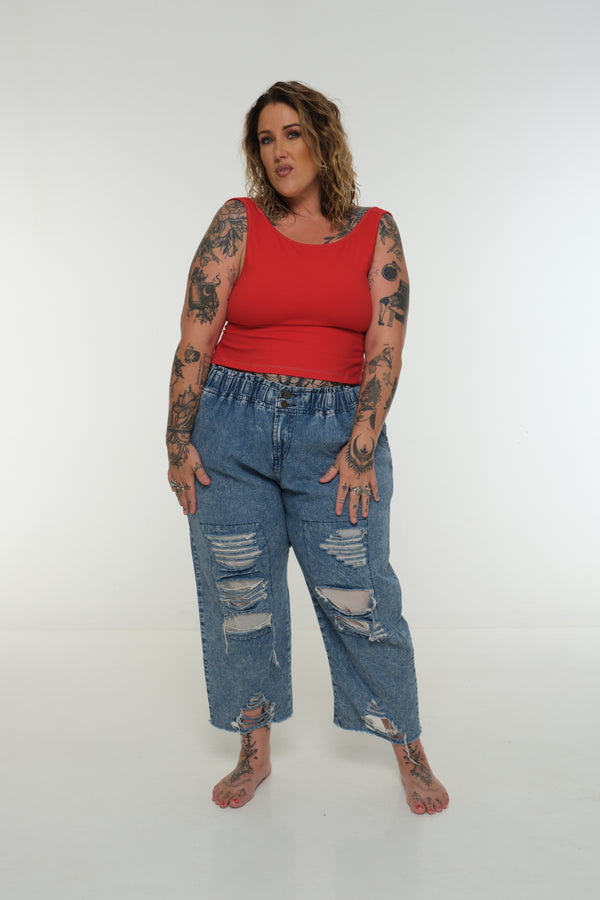 Iza Open Back Mid Crop Top in Red w/Pastel Blue stitching