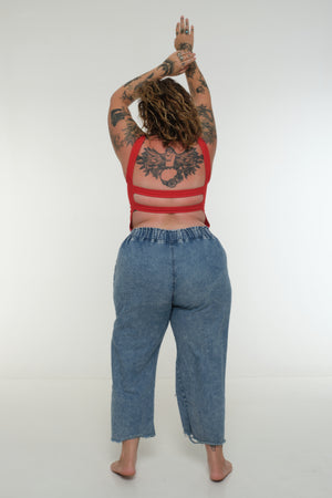 Iza Open Back Mid Crop Top in Red w/Pastel Blue stitching