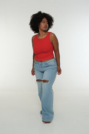 Iza Open Back Mid Crop Top in Red w/Pastel Blue stitching