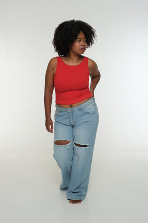 Iza Open Back Mid Crop Top in Red w/Pastel Blue stitching