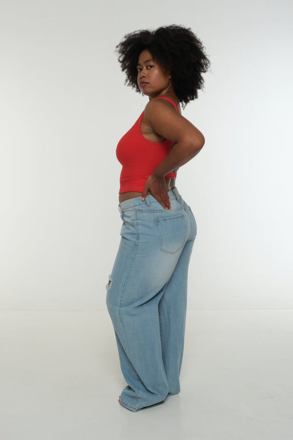 Iza Open Back Mid Crop Top in Red w/Pastel Blue stitching