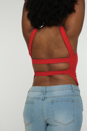 Iza Open Back Mid Crop Top in Red w/Pastel Blue stitching