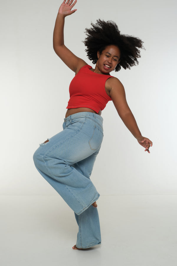 Iza Open Back Mid Crop Top in Red w/Pastel Blue stitching