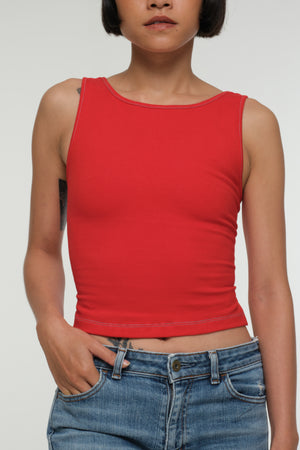 Iza Open Back Mid Crop Top in Red w/Pastel Blue stitching