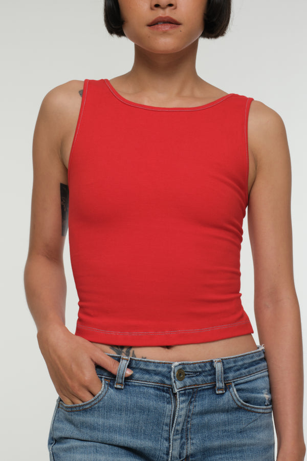 Iza Open Back Mid Crop Top in Red w/Pastel Blue stitching
