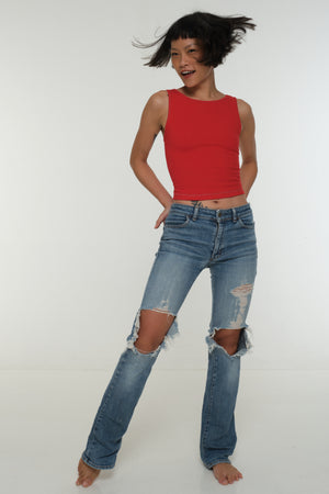 Iza Open Back Mid Crop Top in Red w/Pastel Blue stitching