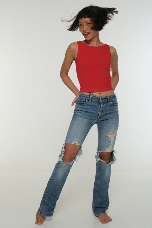 Iza Open Back Mid Crop Top in Red w/Pastel Blue stitching