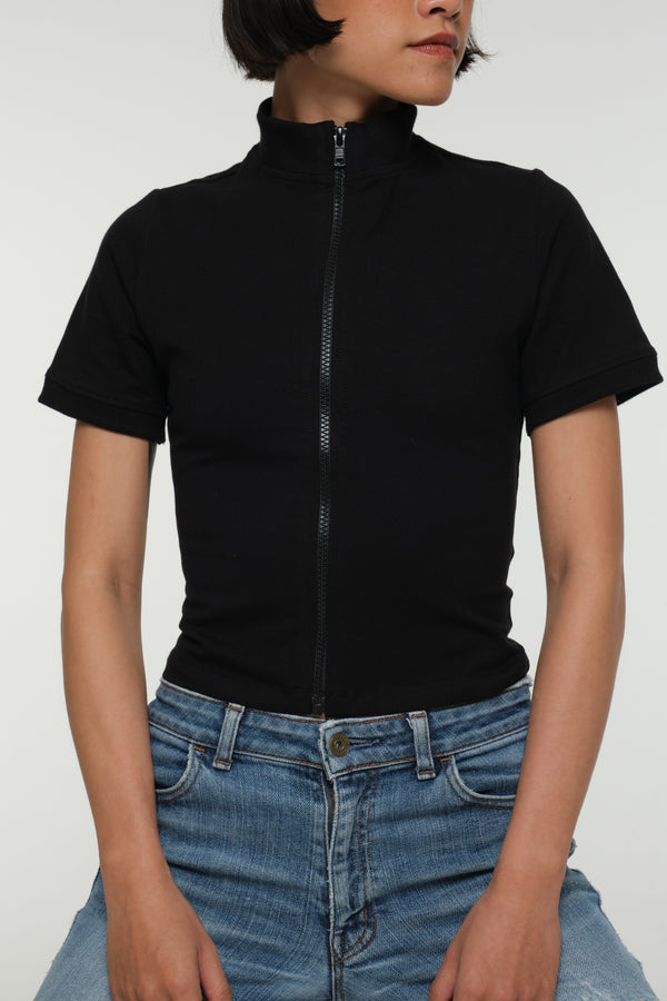 Core ZIP Mid Crop Tee in Black with black rib