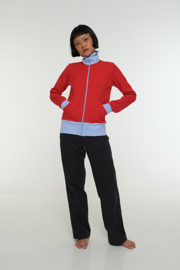 New Zip Jacket in red with pastel blue rib